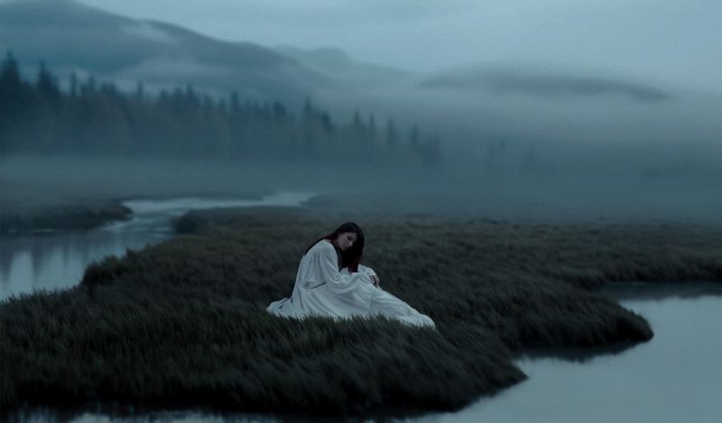 black sweater,Blå kjole,båd,bro,brown coat,lejrbål