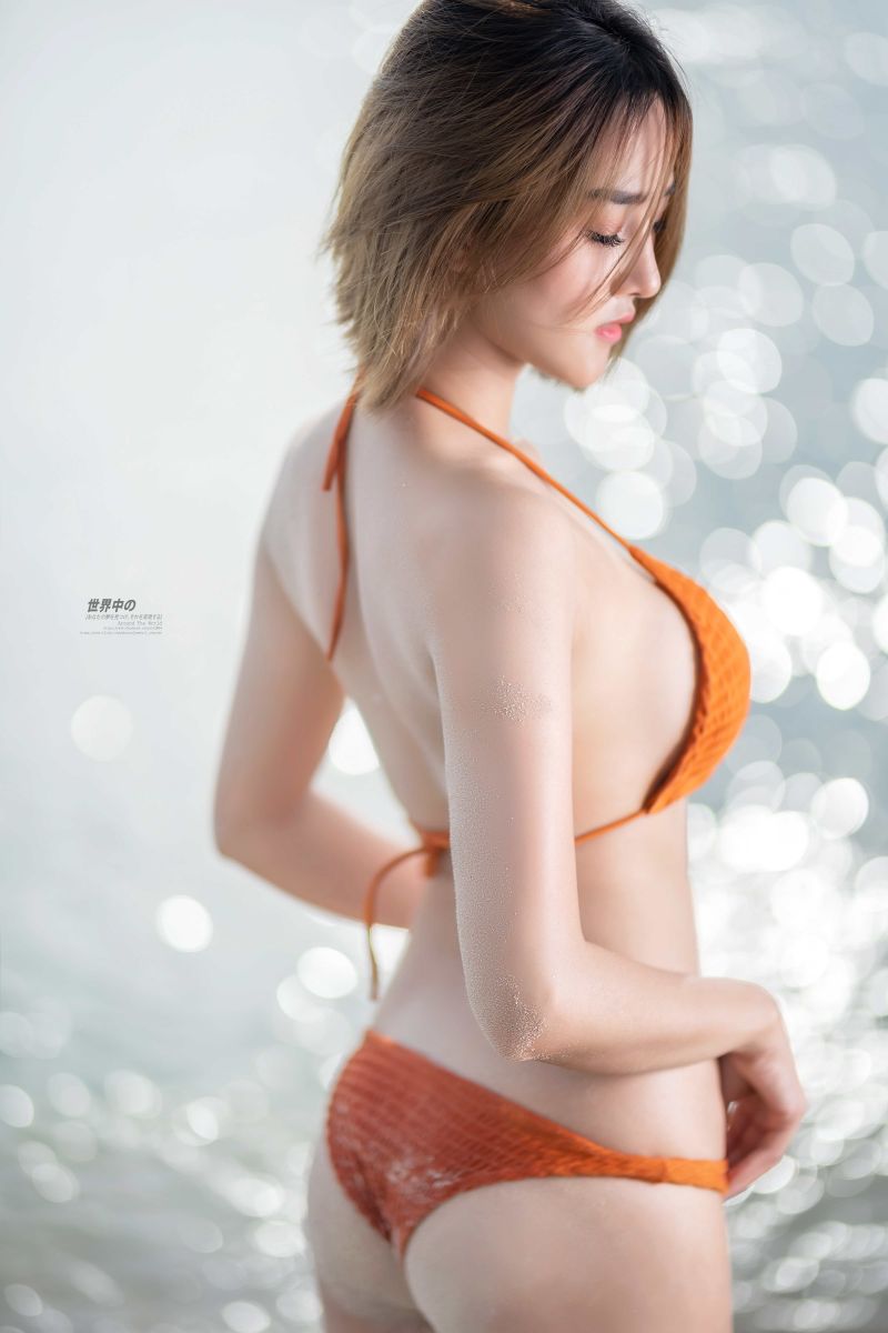 asijský, bikini top, hnědé vlasy, odvrátila, orange bikini, profil