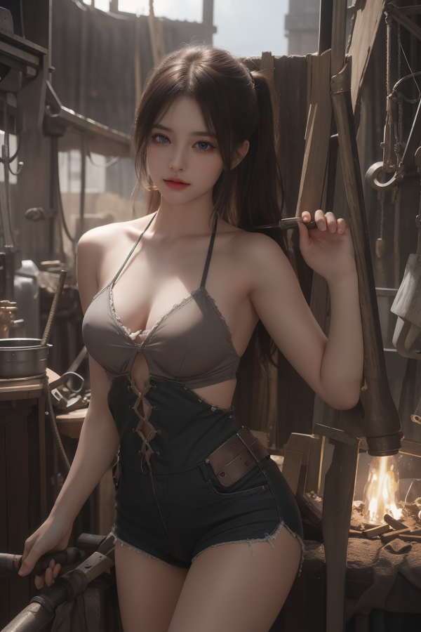 AIGC,breasts,cleavage,counter,denim,girl