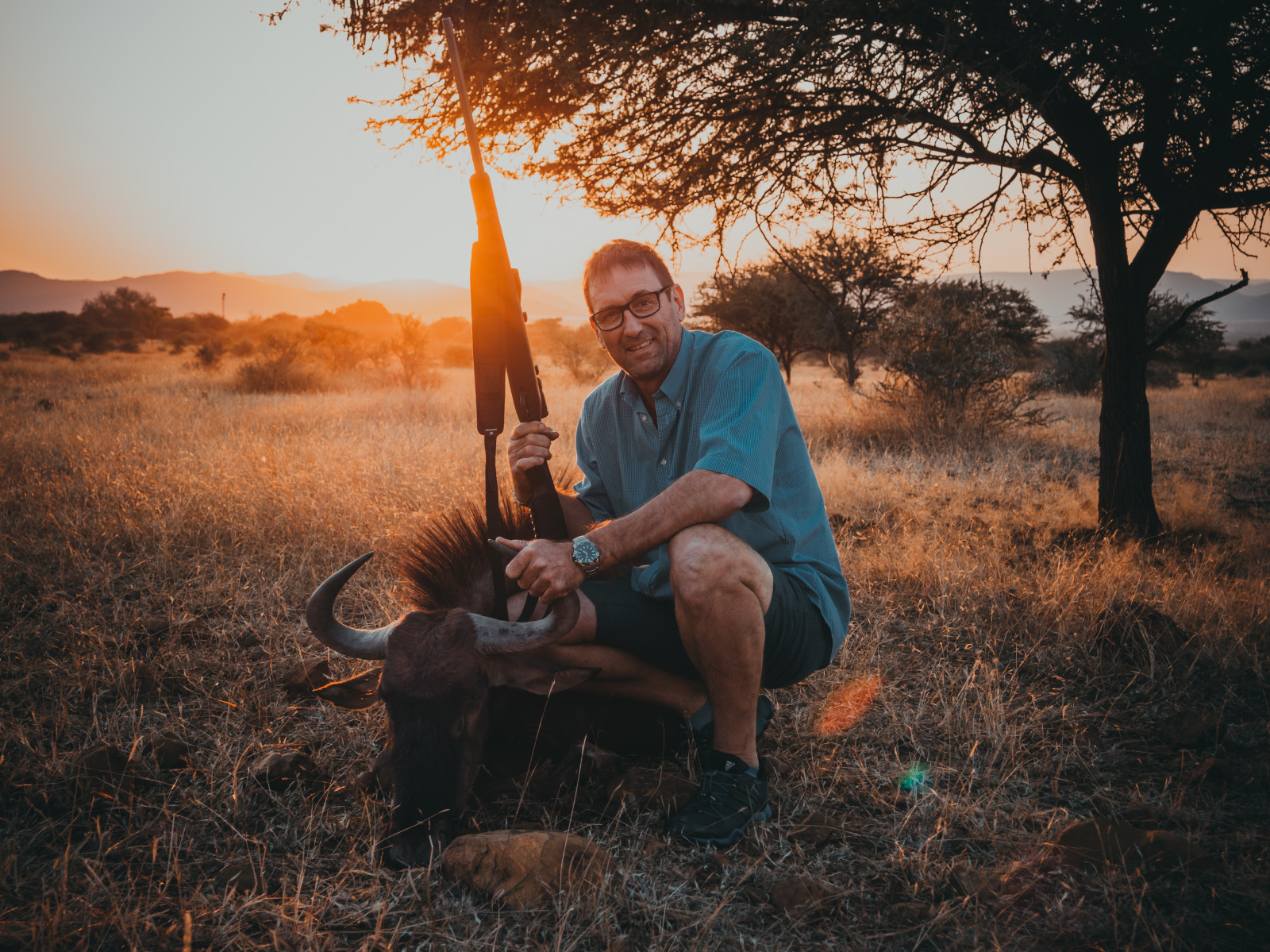 hunt, animal, fun, sunset, gun, rifle, kill, blue, wildebeest