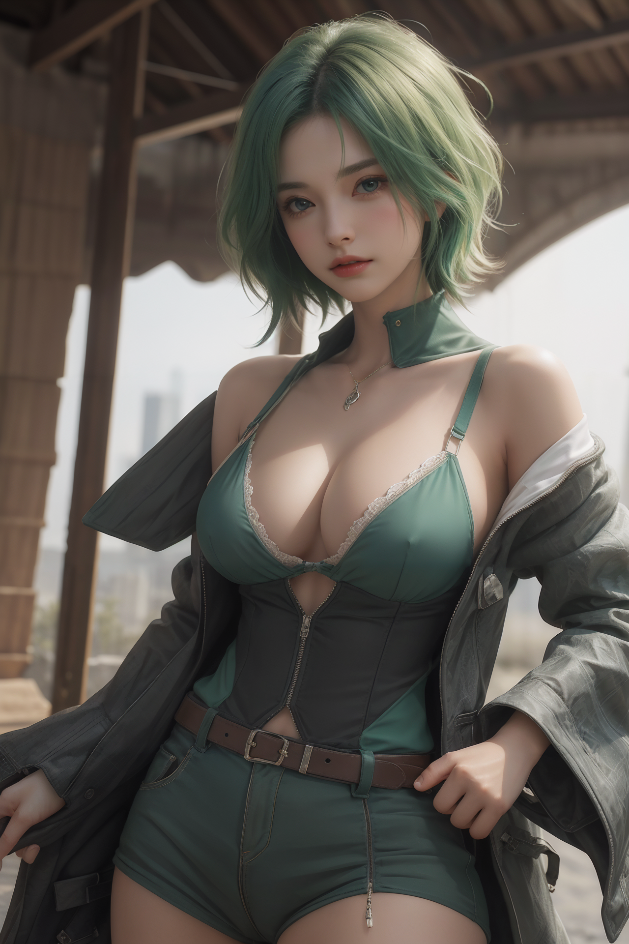 AIGC, anime girls, beautiful, cleavage, cosplay, female, girl, green hair, long hair, sweet, warrior