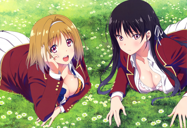 2 girls,anime,bra,ecchi,school uniform,neckline