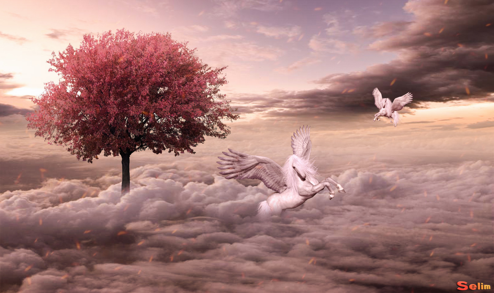 cloud, fog, horse, red, sky, tree, wing