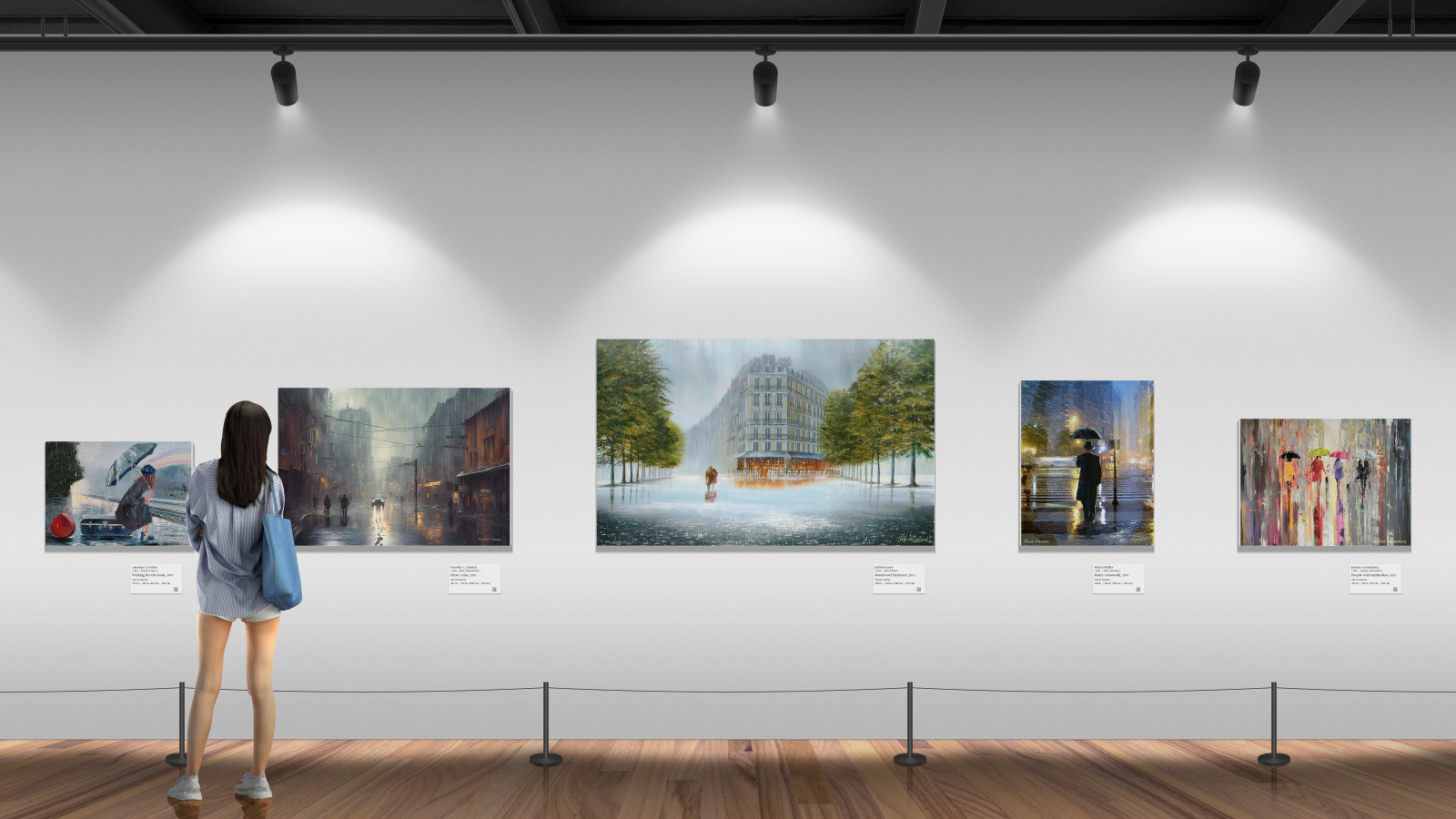 kunstgalleri, oliemaleri, regn, Track lighting, kvinde