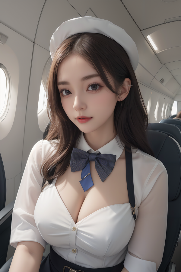 AIGC,airplane,attendant,beautiful,breasts,cleavage