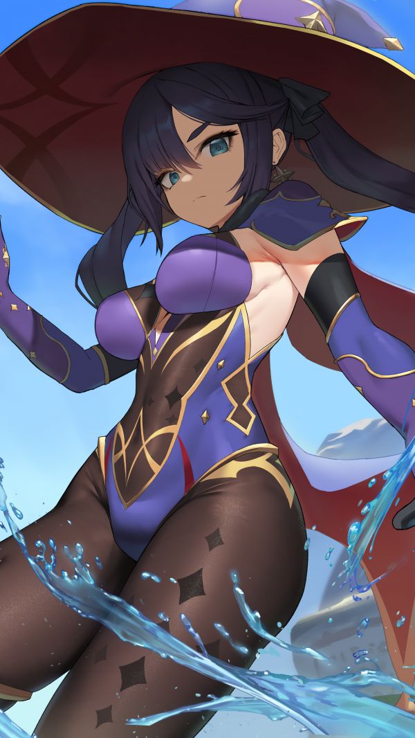 mona Genshin Impact,cartoon,thigh,black hair,cg artwork,long hair