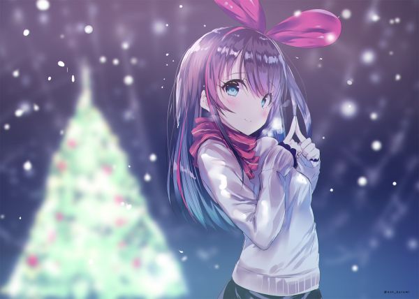 anime,anime girls,bow,Kizuna Ai,Christmas,Christmas Tree
