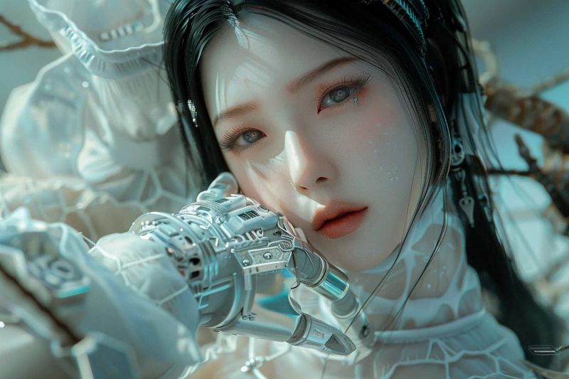 futuristický, neonová světla, technika, bílé šaty, žena