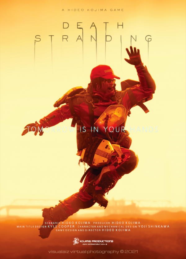 Death Stranding,virtual photography,gesture,sleeve,poster,fictional character