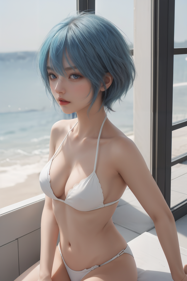 AIGC, anime girls, Ayanami Rei, beautiful, blue hair, breasts