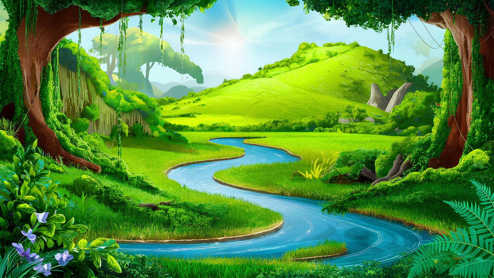 aweinspiring, backgrounds, calm, clouds, conservation, digital art, dreamy, ecosystem, environment, fertile, grass, greenery, hills, imaginary, landscape, lush, modern, nature, outdoor, panoramic view, peaceful, picturesque, pristine, refreshing, river, rolling hills, Serenity, sky, stunning, surreal, Tourism, tranquility, travel, trees, untouched, valley, vibrant, wallpaper, wildflowers
