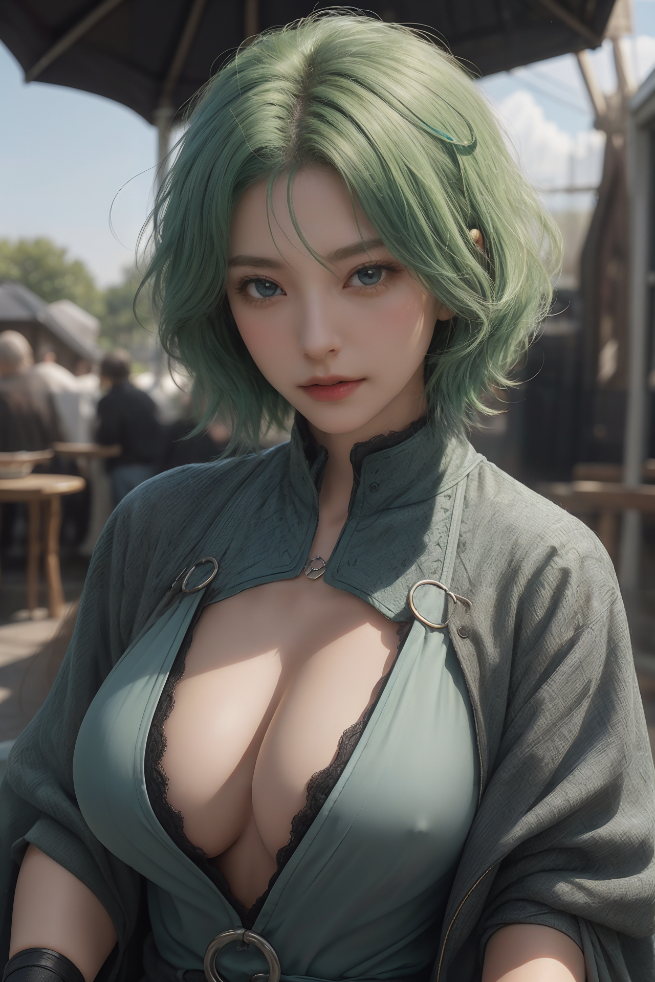 AIGC, anime girls, beautiful, cleavage, cosplay, female, girl, green hair, long hair, sweet, warrior