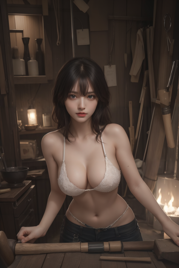denim,AIGC,breasts,cleavage,counter,girl