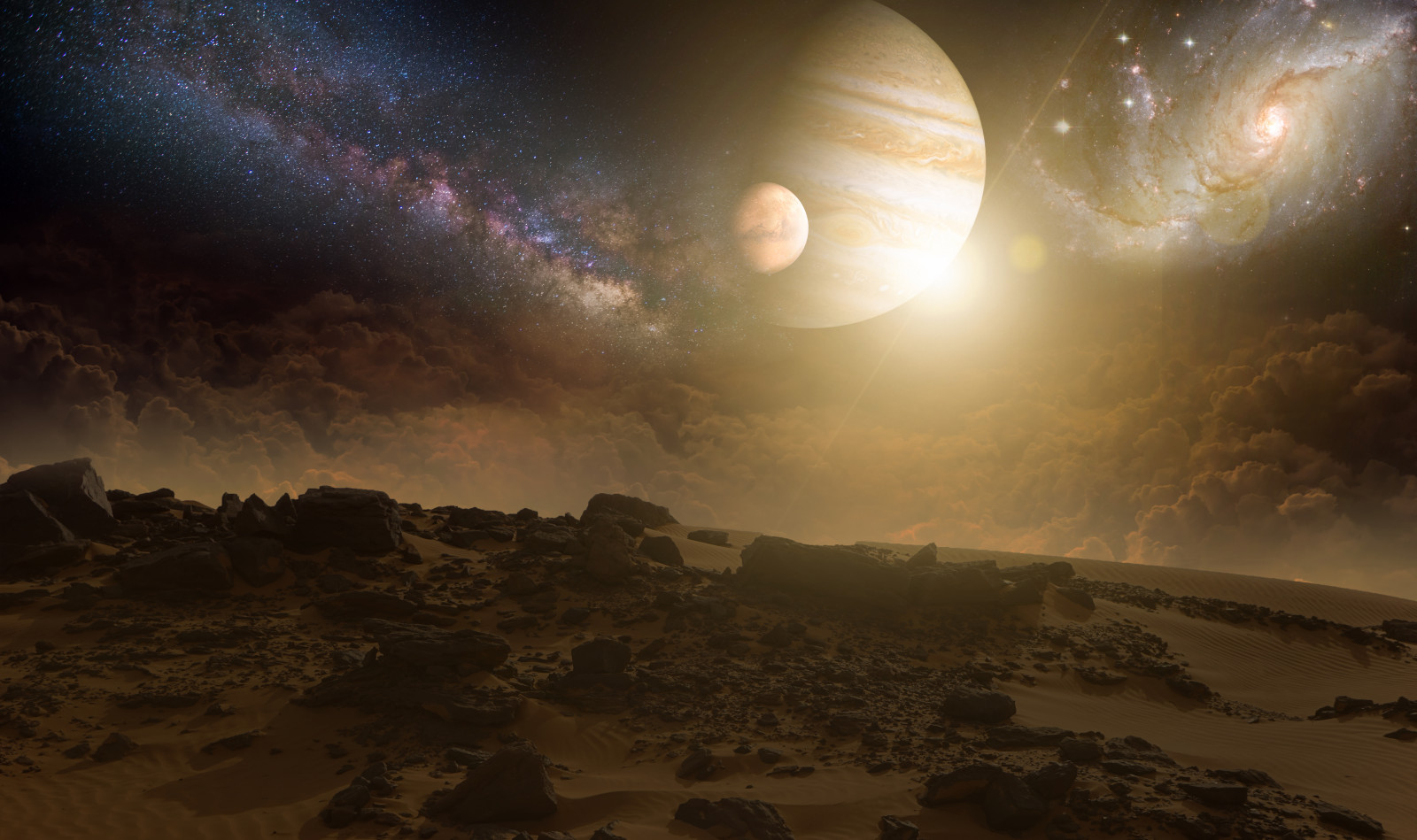 clouds, galaxy, light, planet, stars, stones