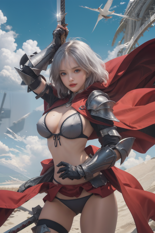 armor, bikini, breasts, cape, cleavage, girl