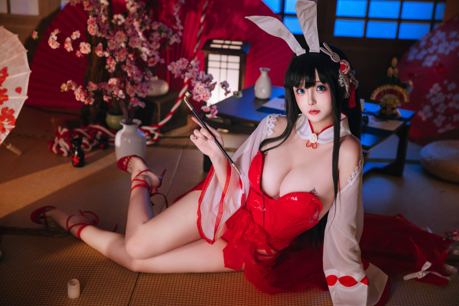 fleur, lapin, Cerise, Cosplay, oreilles, à l'intérieur, Japonais, kimono, rouge, séduisant, traditionnel, femme
