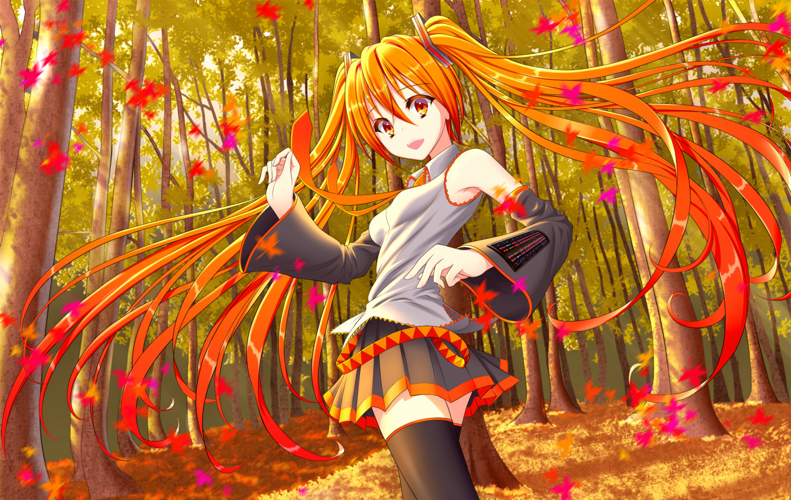 Aki Miku, fall, trees, uniform, twintails, leaves, skirt, tie, happy, green, nature, anime, anime girls, black, grey, yellow, orange, sleeves, ponytails, People in nature, plant, leaf, human body, smile, botany, grass, ART, red, cg artwork, fun, painting, fictional character, long hair, magenta, tree, illustration, thigh, event, human leg, graphics, spring, graphic design, visual arts, fiction, sitting, animation, costume, autumn