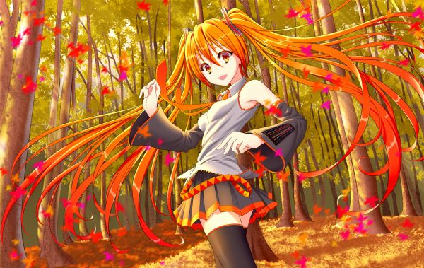 uniform,Aki Miku,fall,trees,twintails,leaves