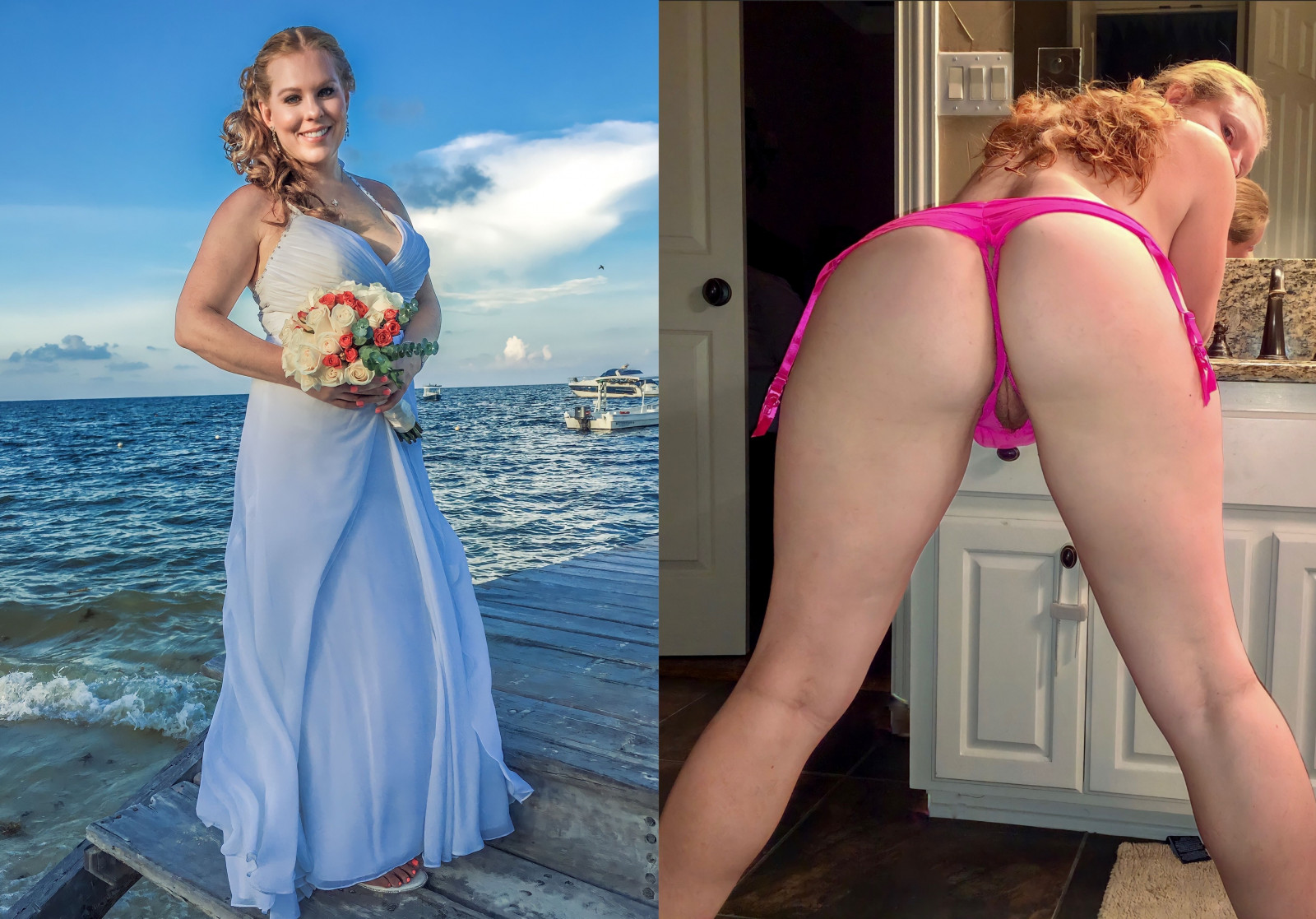 bride, dress, lingerie, redhead, wedding