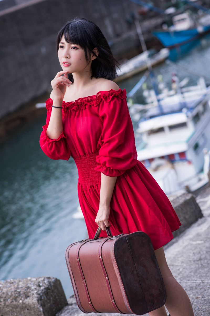 asijský, Přirozené světlo, venkovní, portrét, rocky beach, voda