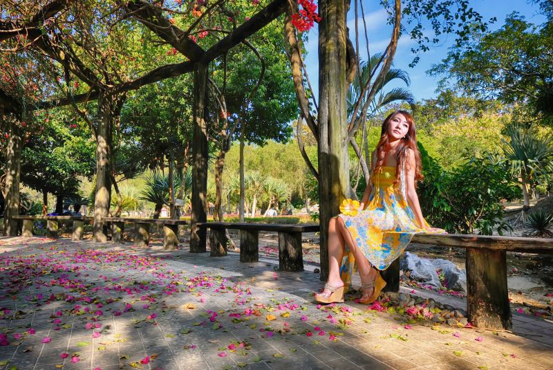 floral dress,foresta,sentiero,cappello da sole,luce del sole,alberi