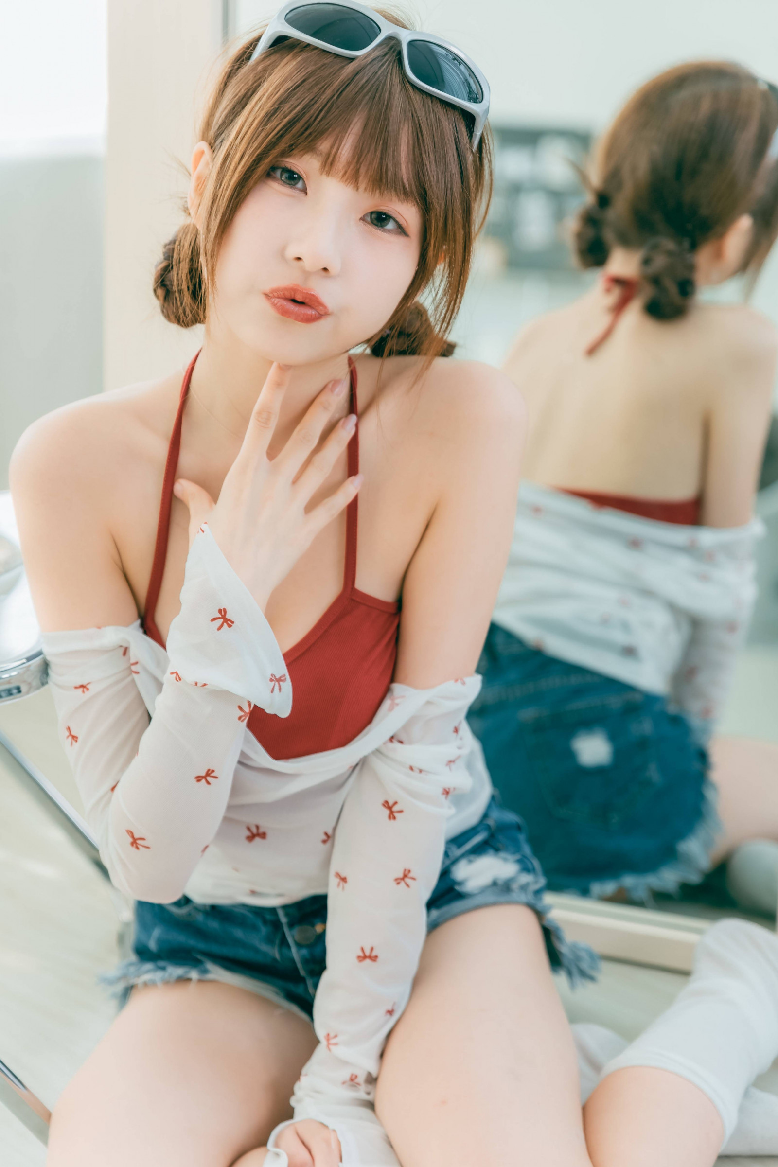 indoors, long hair, table, window, woman