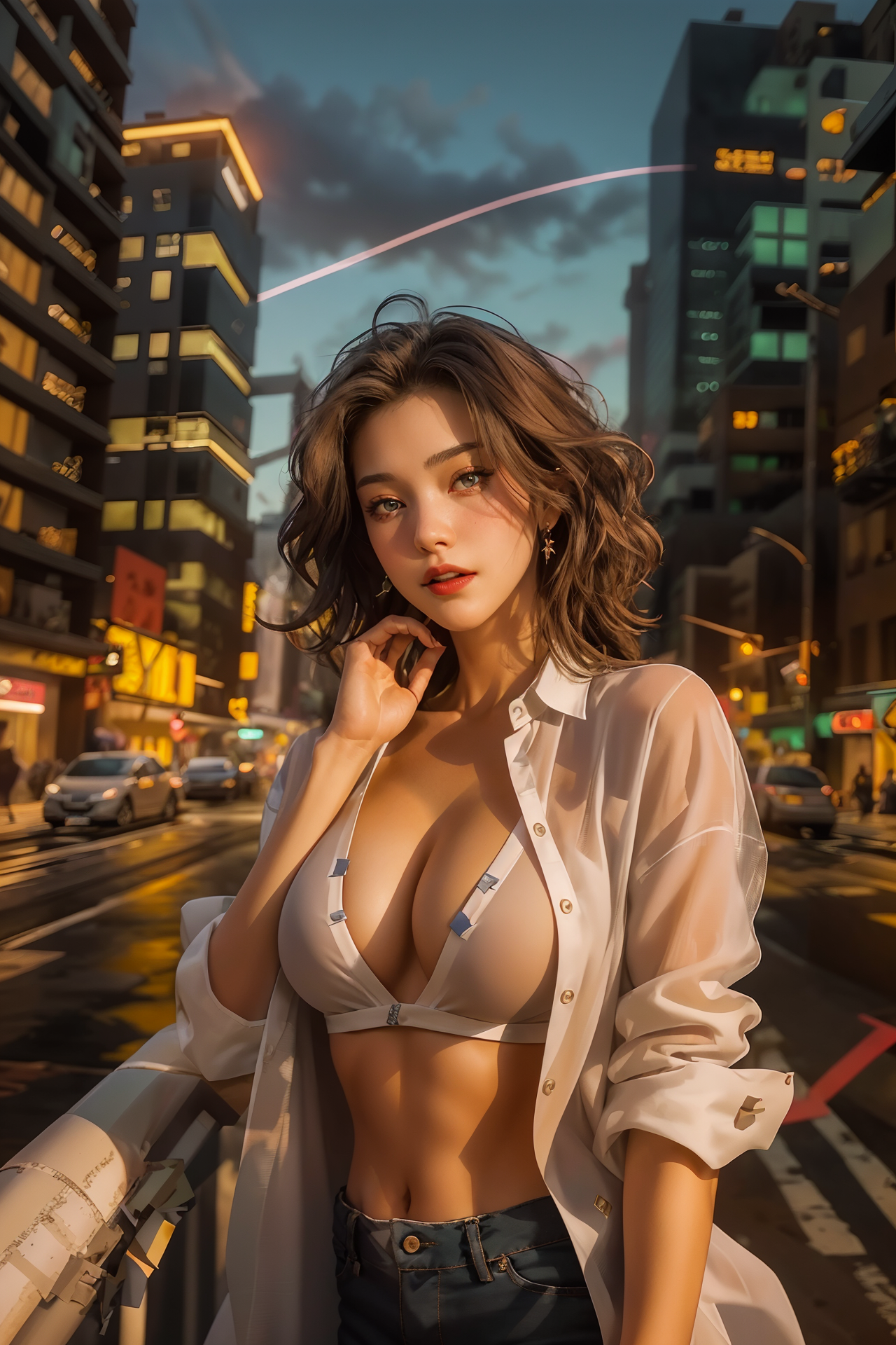 šperky, dívka, poprsí, náušnice, šaty, ground vehicle, při pohledu na diváka, silnice, ulice, venku, město