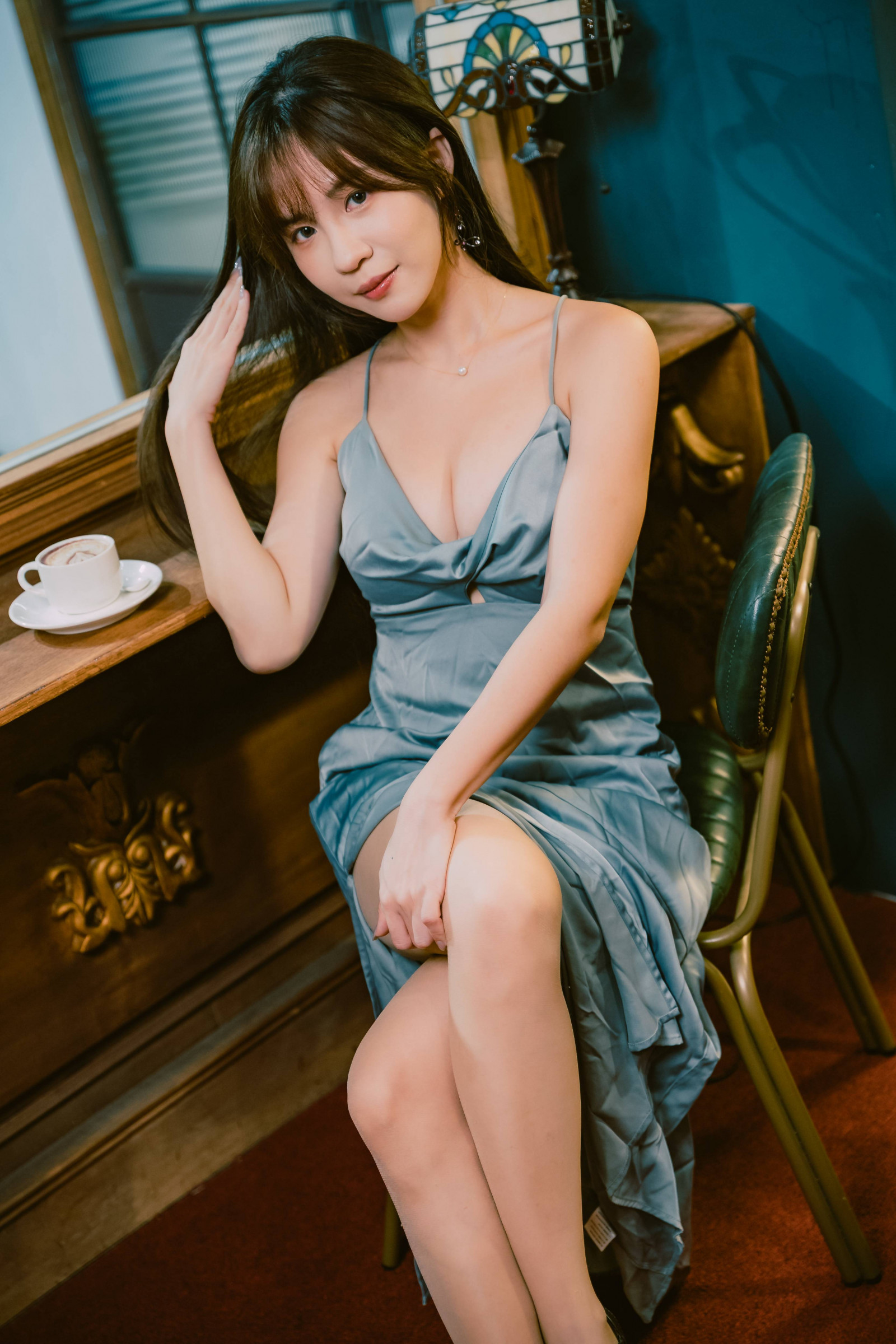 blue dress, coffee cup, woman