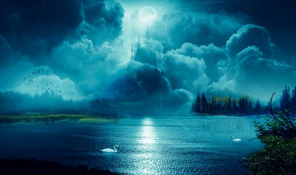 birds,clouds,fantastic,Moon,castle,Mystery