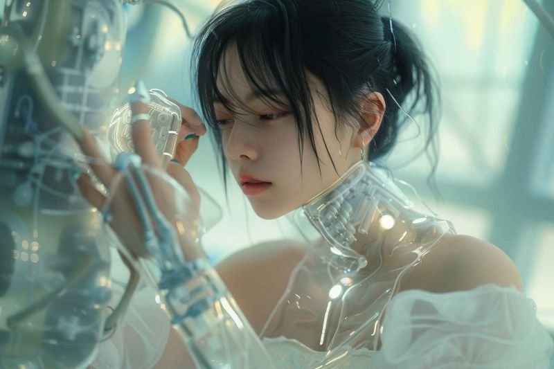 futuristický, neonová světla, technika, bílé šaty, žena