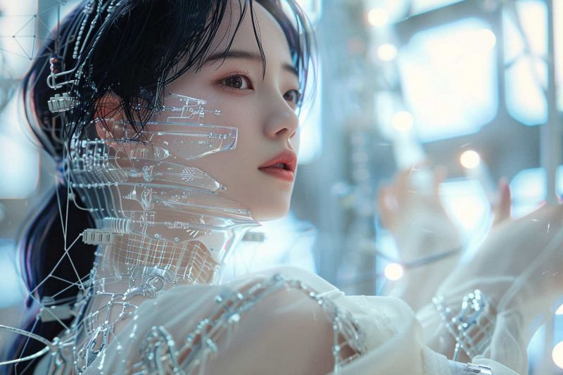 futuristický,neonová světla,žena,technika,bílé šaty