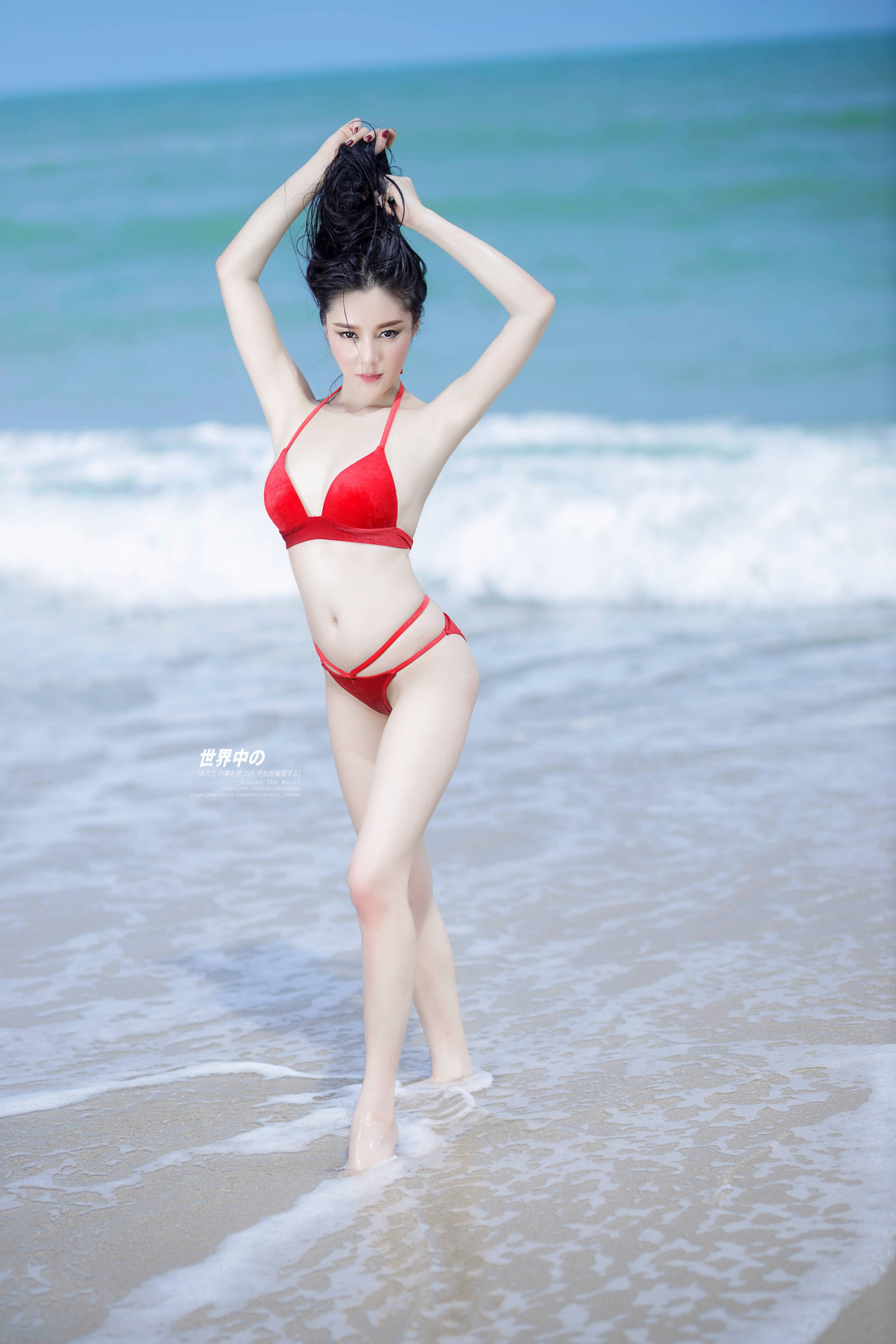 Asian, beach, bikini, ocean, posing, red, standing, water, waves, wet hair, woman