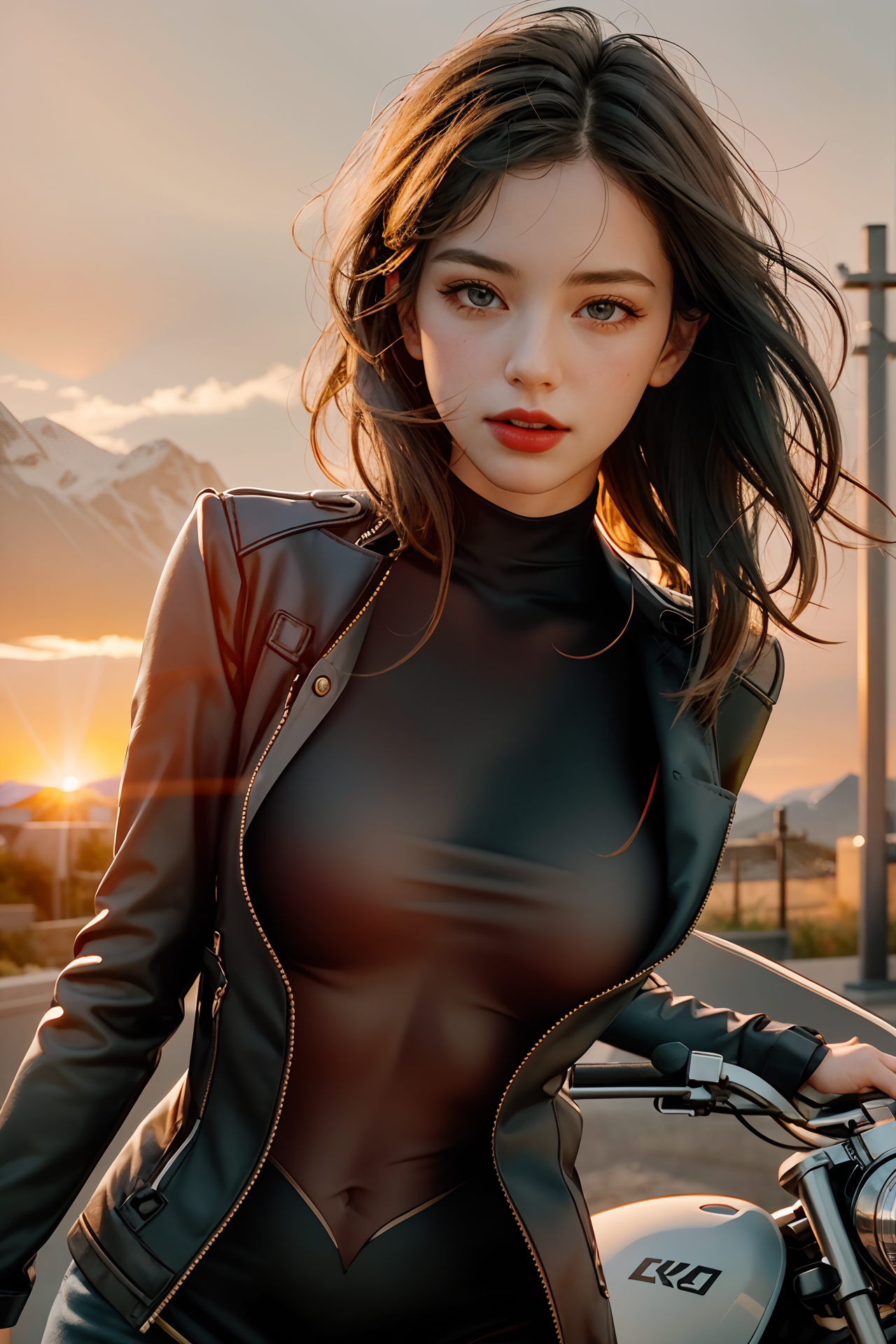 girl, vehicle, breasts, brown hair, parted lips, lips, short hair, motor vehicle, medium breasts, outdoors, motorcycle, sunset, gloves, bodysuit, sky, blurry, black hair, realistic, mole