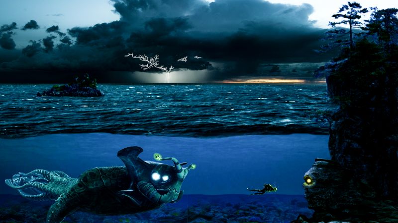 mraky,potápanie,ostrov,blesk,príšera,skaly