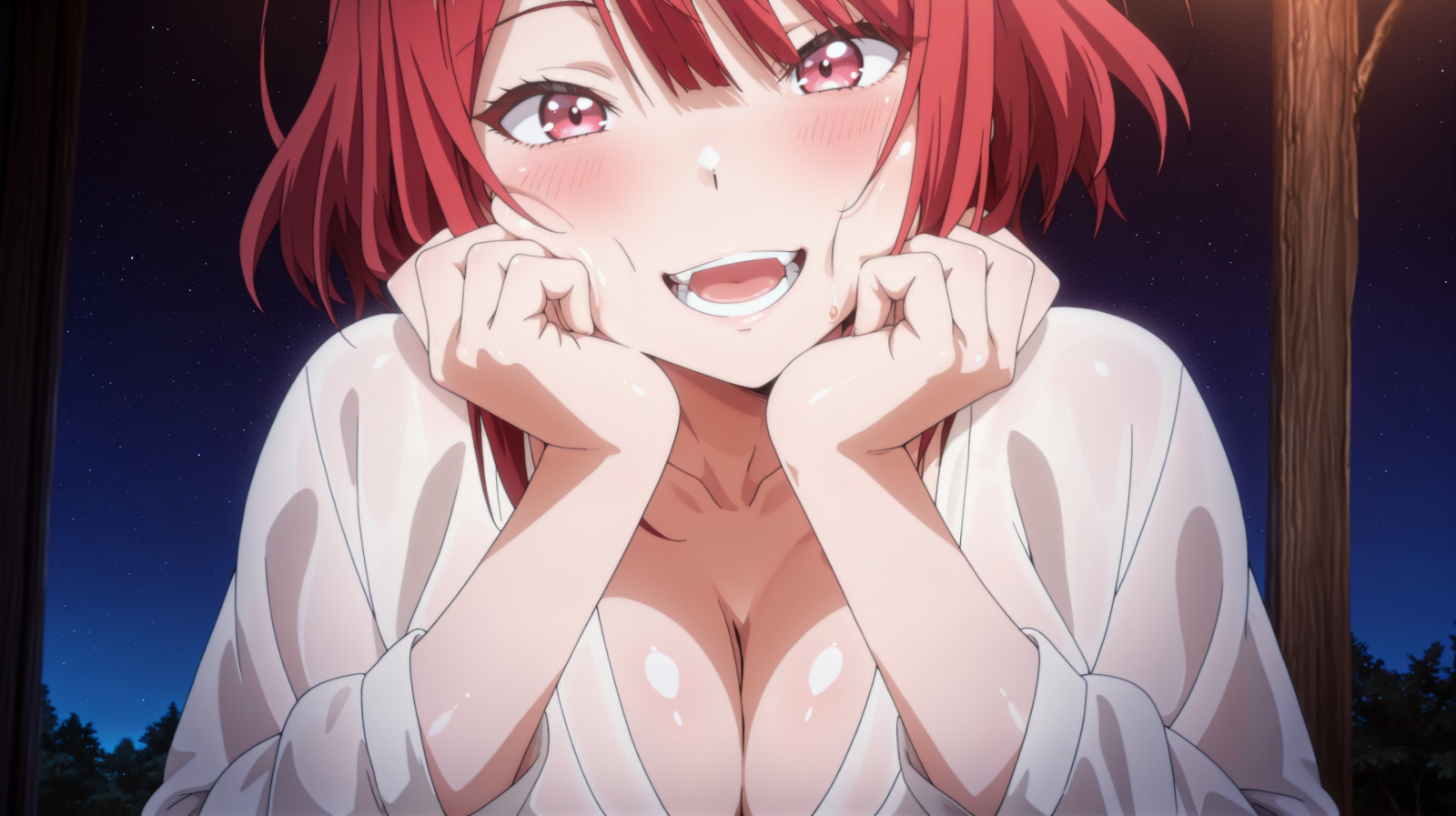 anime, poni, payudara besar, blush on, payudara, pembelahan, tulang selangka, gadis, melihat viewer, langit malam, Buka mulut, rambut merah, rambut pendek, tersenyum, gigi