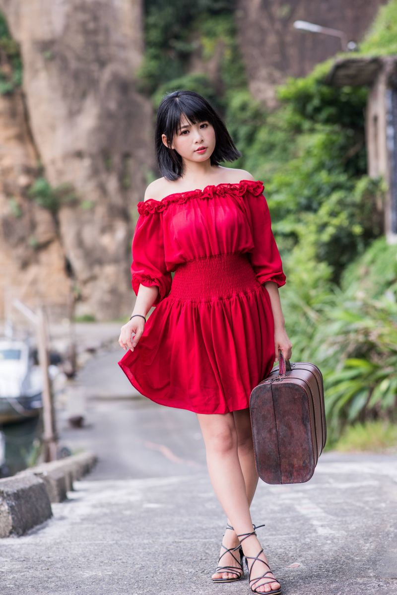 asijský, Přirozené světlo, venkovní, portrét, rocky beach, voda