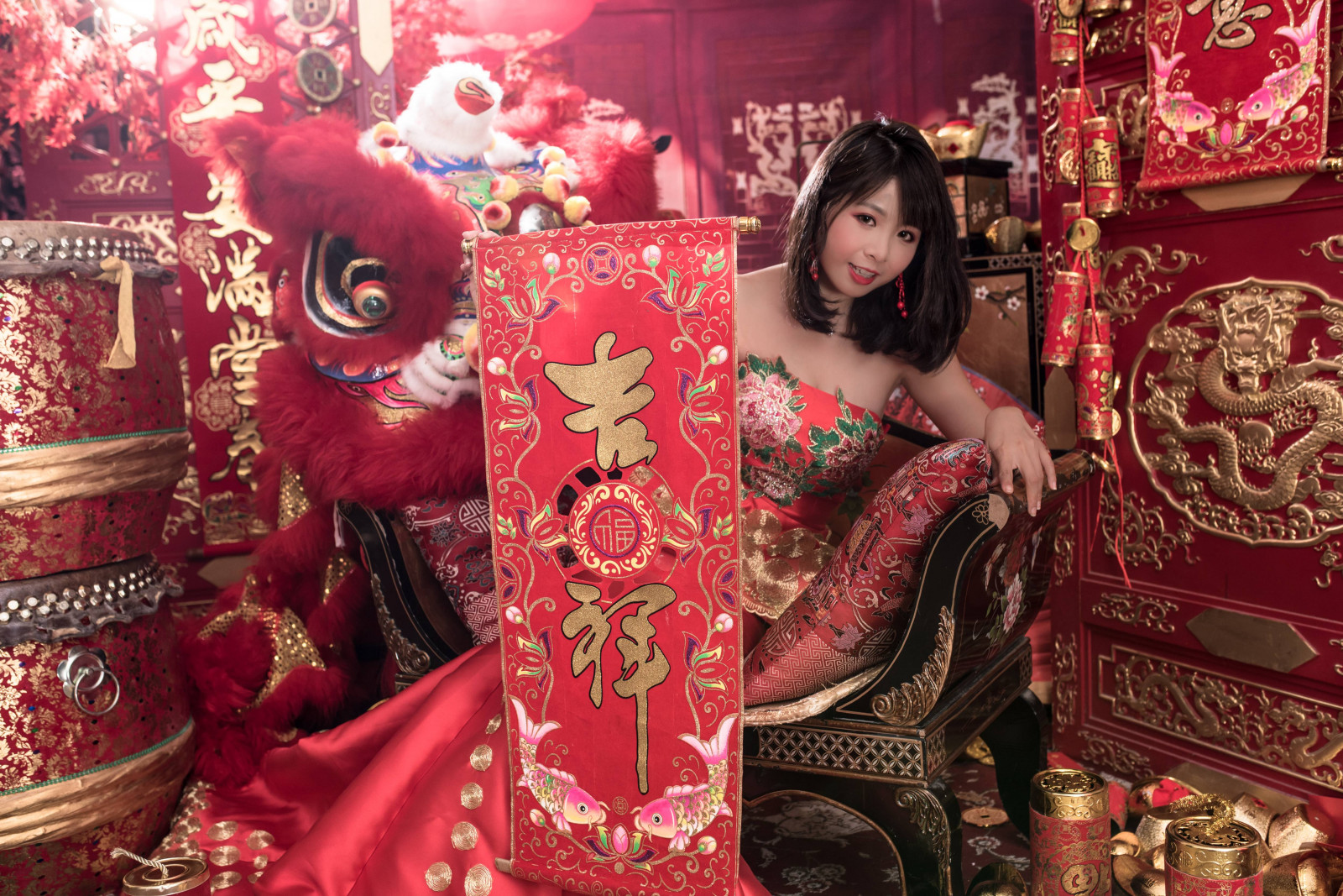 asiatico, cheongsam, Capodanno cinese, oro, rosso, donna
