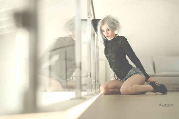 high heels,jean shorts,women,black shirt,Gianmatteo Smiderle,platinum blonde