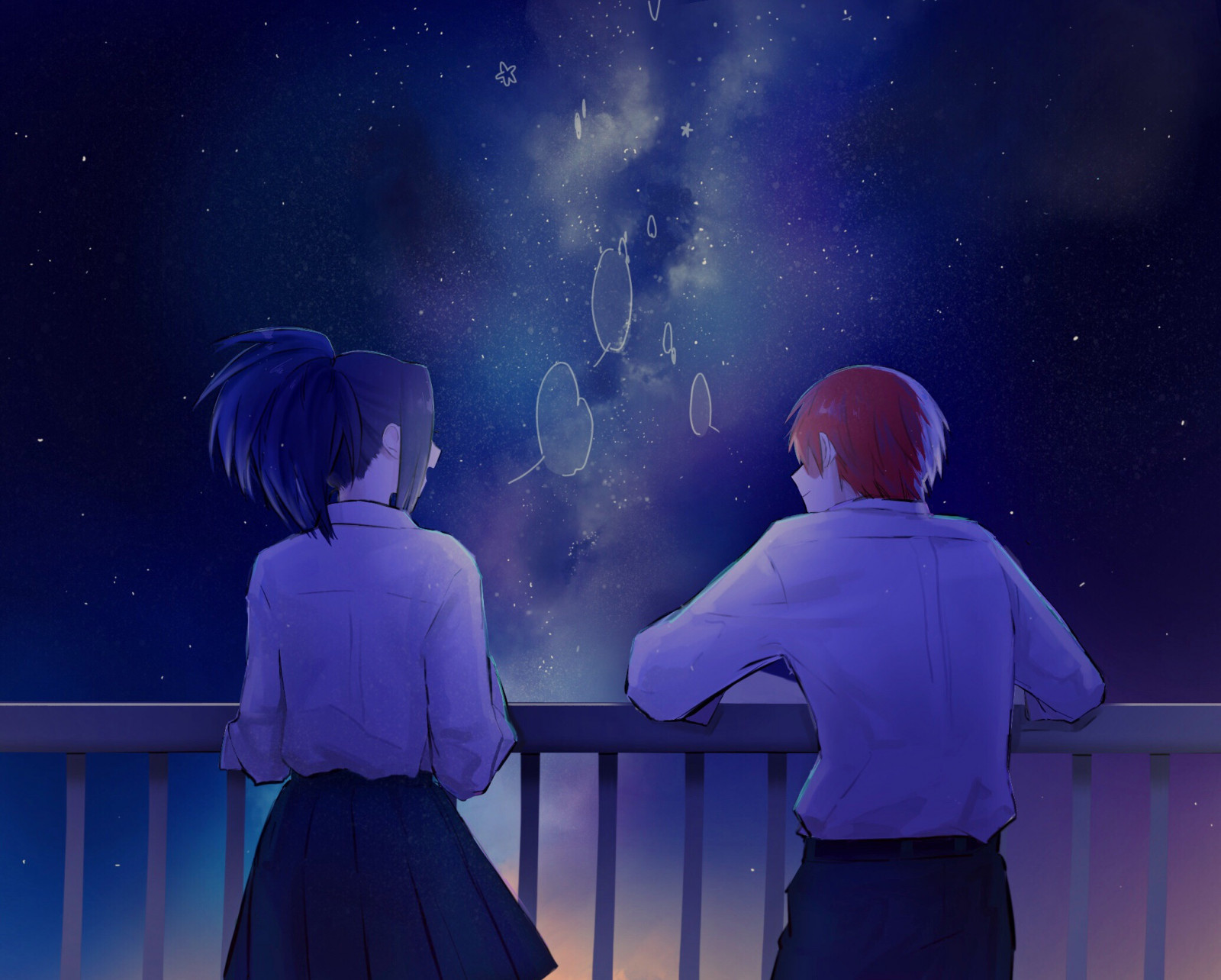 Momo Yaoyorozu, Shoto Todoroki, momo, Yaoyorozu, shoto, todoroki, BNHA, MHA, my hero academia, Boku no Hero Academia, anime, anime girls, anime boys, ponytail, Todomomo, sky, night, shirt, skirt, jeans, blue, dark blue, world, azure, cartoon, standing, gesture, interaction, ART, astronomical object, painting, cg artwork, electric blue, holding hands, event, fun, science, tree, illustration, entertainment, formal wear, fictional character, Animated cartoon, star, midnight, animation, winter, love, fiction, conversation, darkness, uniform, universe, astronomy, performance, performing arts
