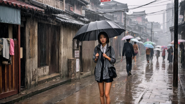 girl,building,old building,people,raining,realistic