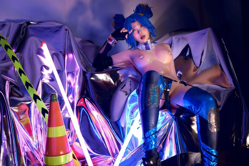 blue bikini,futuristický,neonová světla,stojící,žena