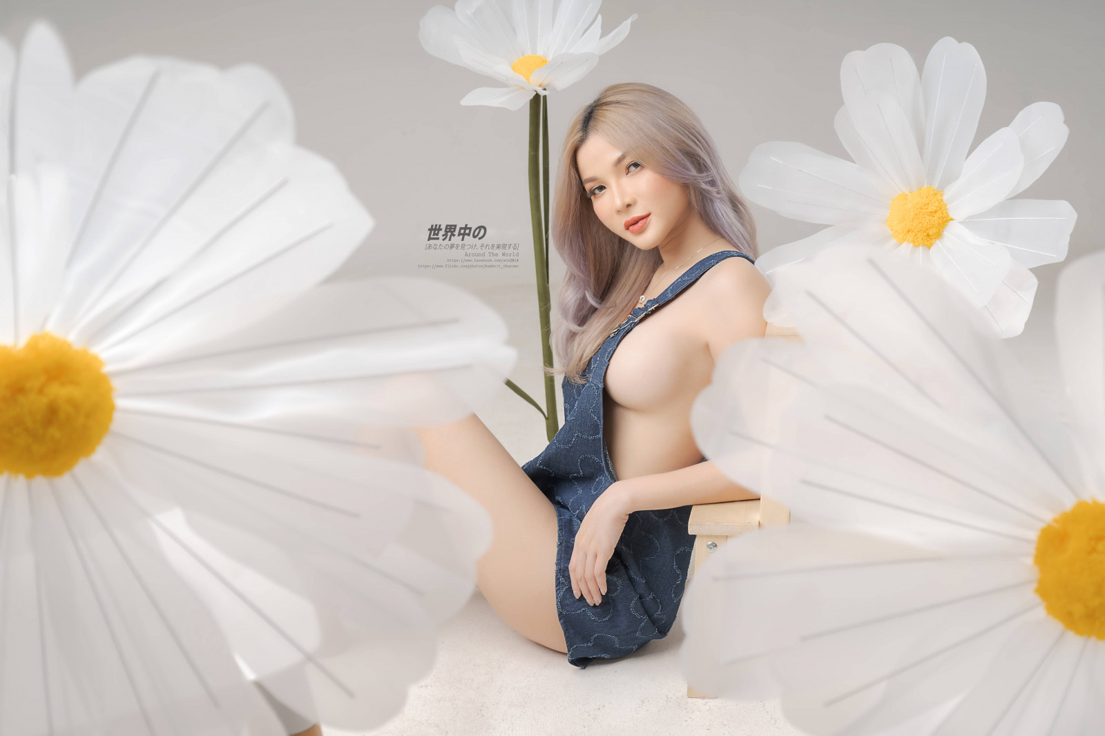asiatico, indietro, sfondo, bellissimo, chiuso, Margherita, denim, occhi, fiori, grande, che ride, pendente, Basso, sopra, piccolo, sgabello, Studio, tailandese, superiore, bianca, donna, di legno, giovane