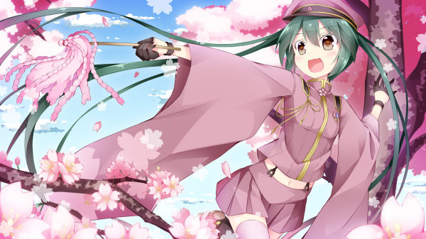 动漫,初音未来,长发,樱花,快乐,粉