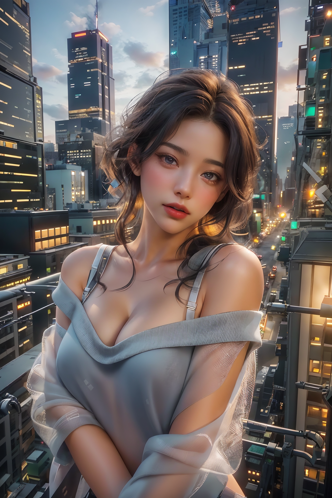 jewelry, girl, breasts, earrings, dress, ground vehicle, looking at viewer, road, street, outdoors, city