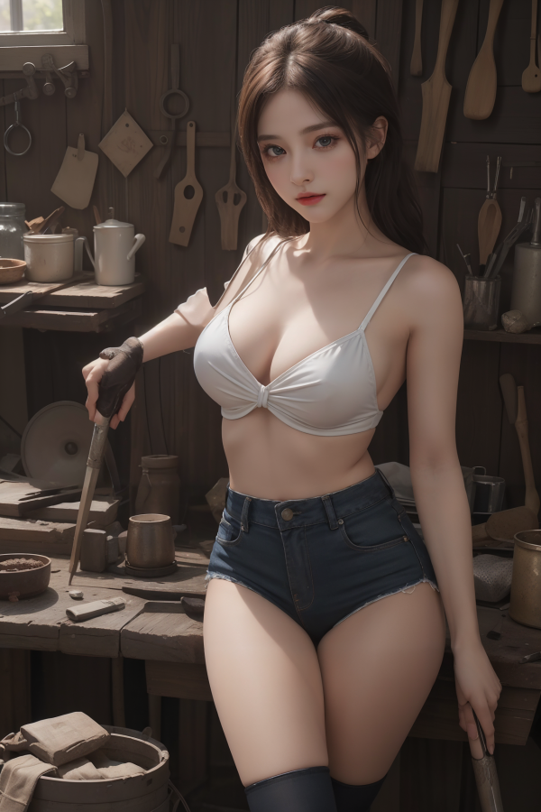 AIGC,breasts,cleavage,counter,denim,girl