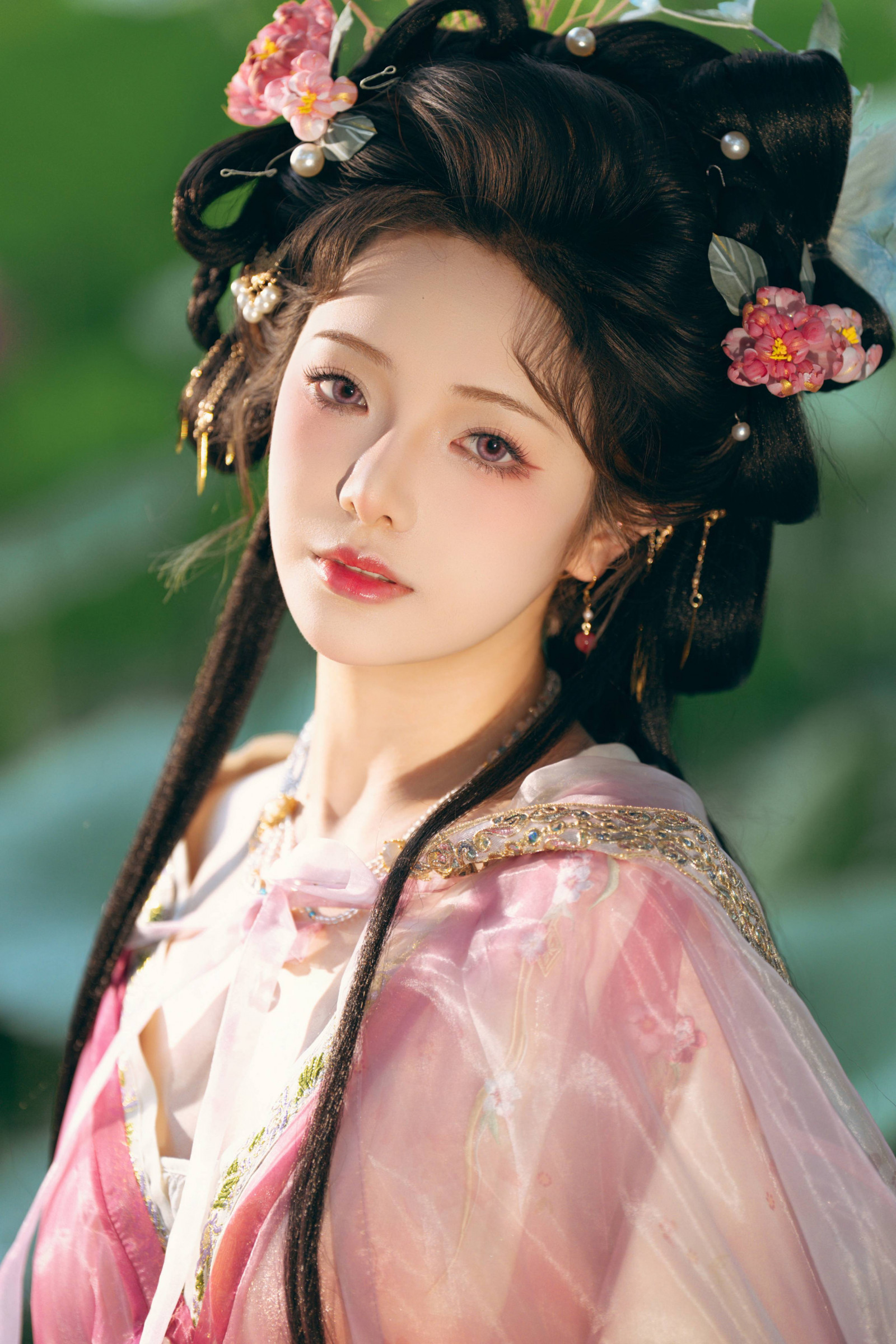 chino, disfraz, vestir, elegante, jardín, hanfu, fuente, Loto, al aire libre, estanque, tradicional, mujer