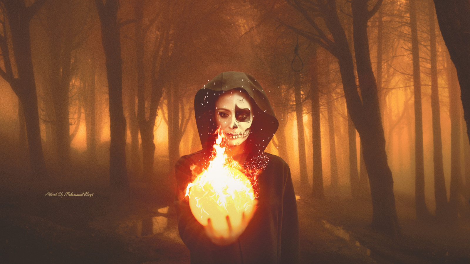 land of fire, oheň, Žena v černé, žena, dáma, džungle, umělecká díla, graphic designer, temný, tma, svět