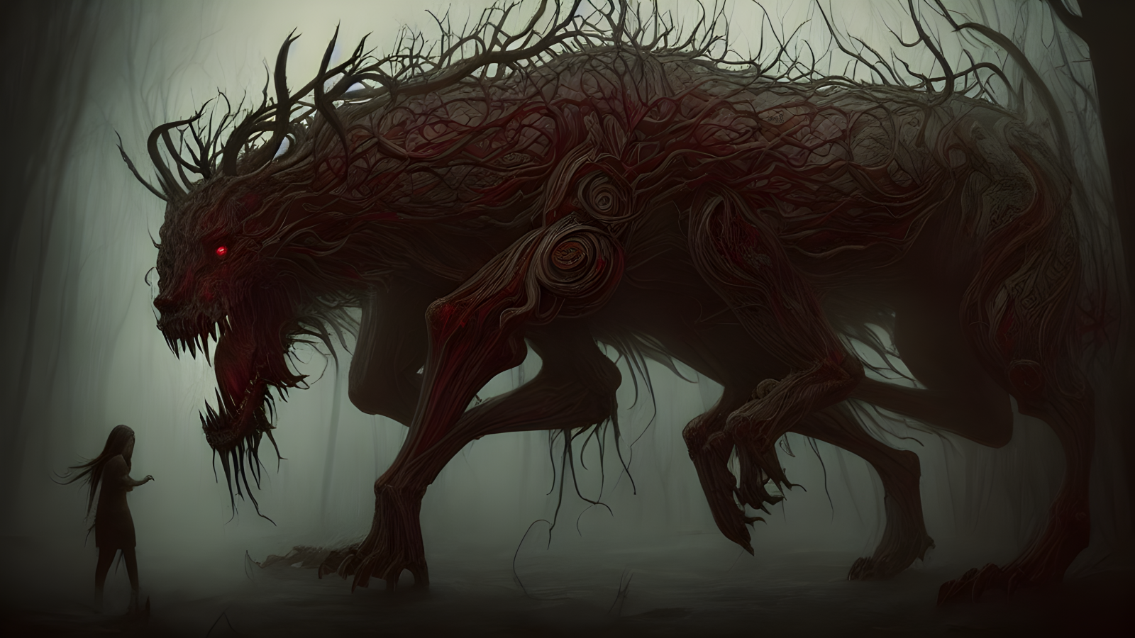 digital konst, hungry beast of anger, eerie lighting, målad, storm, blixt-, invecklad, detaljerad, förebud, fantastisk, underbar, much wow, much detail, filmiska, mästerverk, monster, skrämmande, rädsla