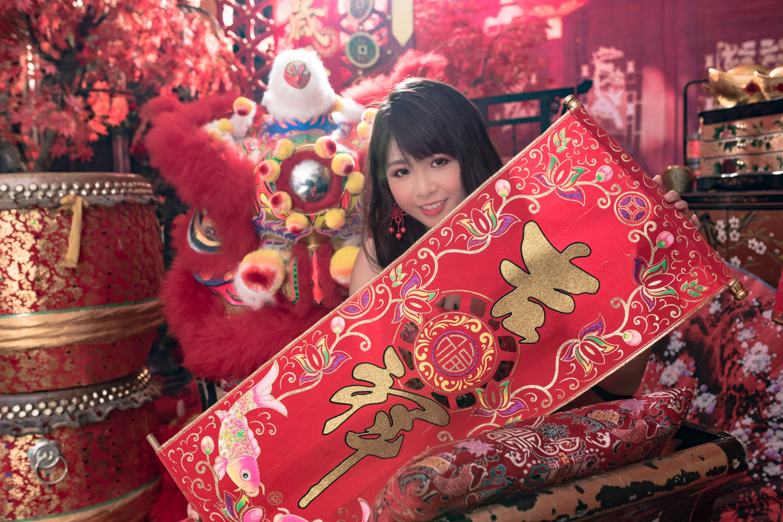 asiatisch, Cheongsam, Chinesisches Neujahr, Gold, rot, Frau