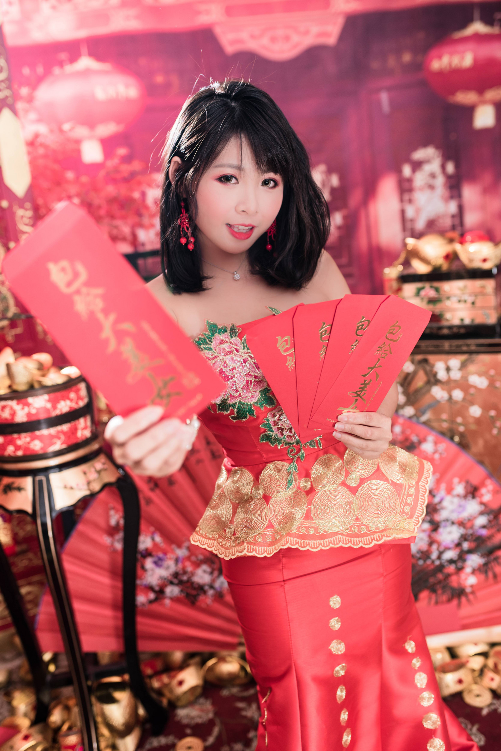 ázsiai, cheongsam, kínai újév, Arany, piros, nő